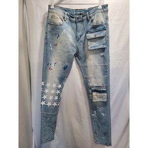 Crysp Denim Mens 36 Skinny Jeans Light Wash Star Paint Splatter Cargo Pockets